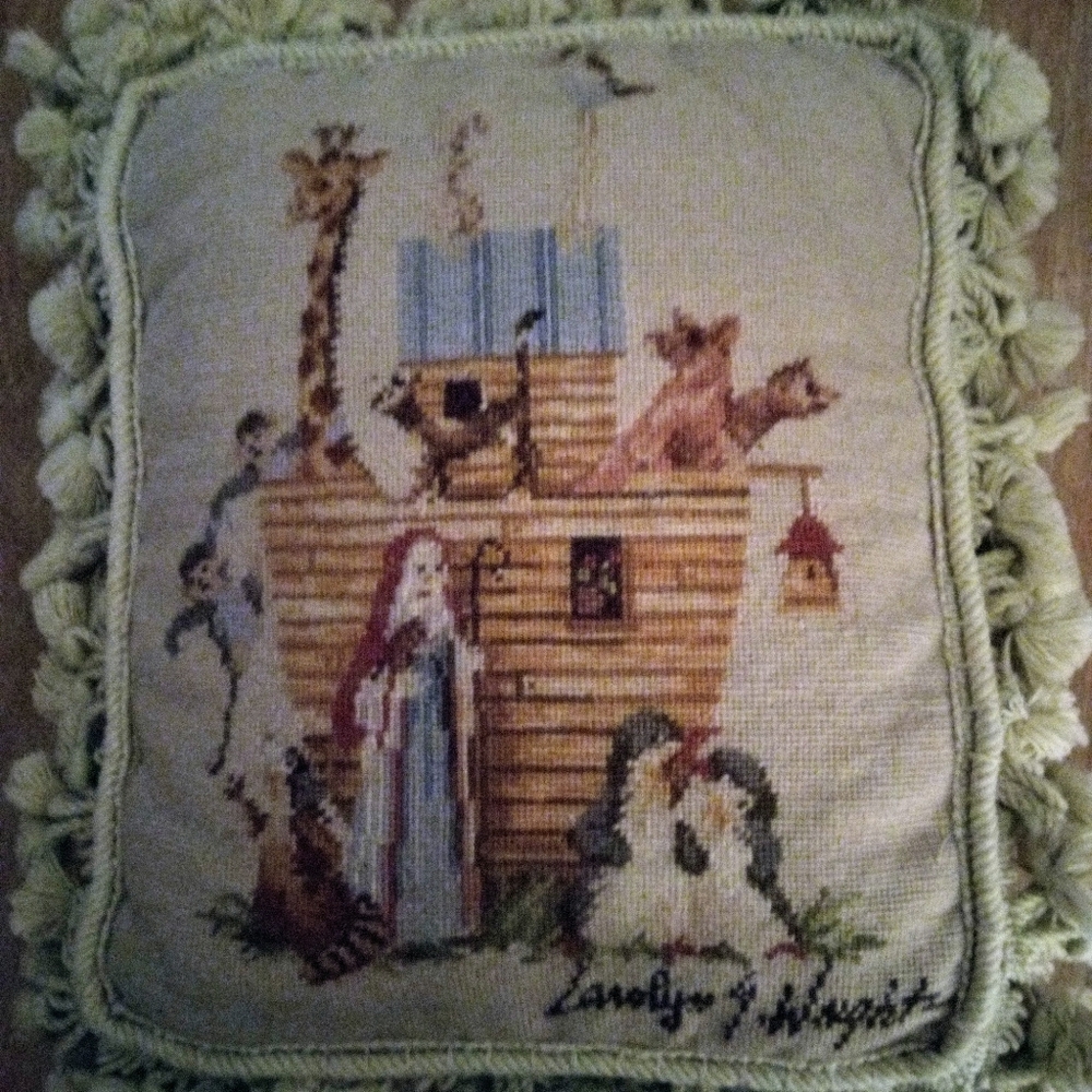 Needlepoint fringed pillow. Noah and the Ark. By Carolyn S. Wright.Zipper cover